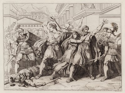 Philodamus és fia megvédi Philodamus lányát Gaius Verres elrablásától (metszet) alkotó: Bartolomeo Pinelli