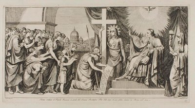 Róma a római népet VII. Piushoz vezeti, miután 1814-ben visszatért Rómába alkotó: Bartolomeo Pinelli