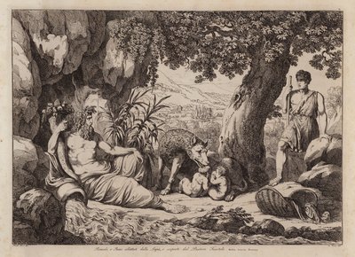Romulus és Remus a farkaslány által szoptatott és a pásztor Faustulus által felfedezett Romulus és Remus (metszet) alkotó: Bartolomeo Pinelli