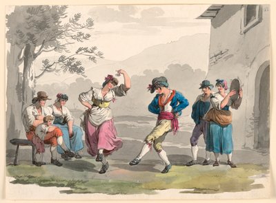 "Saltarello Romano", Táncoló parasztok Róma szomszédságában alkotó: Bartolomeo Pinelli