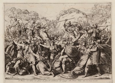 A szabin nők békét kötnek seregük és Róma serege között (metszet) alkotó: Bartolomeo Pinelli