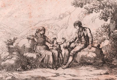 Két közember egy babával, Schiavi, Abruzzo, Bartolomeo Pinelli rézkarca (Róma alkotó: Bartolomeo Pinelli