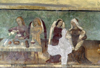Allegorikus jelenet, részlet a bűnök és erények kavalkádját ábrázoló ciklusból, kb. 1490, Bartolomeo Serra és Sebastiano Serra, freskó, Szent István kápolna, Giaglione, Piemont, Olaszország alkotó: Bartolomeo and Serra Sebastiano Serra