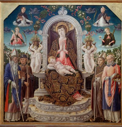 Szűz és Gyermek a trónon Szent Ágoston, Szent Rókus, Toulouse-i Szent Lajos (Anjou), Myre-i Szent Miklós és a mennyben Szent Katalin, Szent Dominika, Szent Péter vértanú (Verona) és Szent Mária Madeleine (Szűz gyermekével) körül ész alkotó: Bartolomeo Vivarini