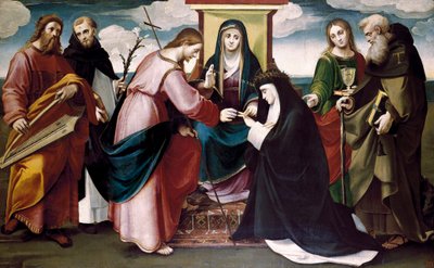 Sienai Szent Katalin misztikus esküvője Krisztussal, Keresztelő János Szentek, Antonio Abate, Domonkos, Dávid király és Szűz Mária, c. 1517 (olaj a panelen) alkotó: Bartolomeo called Bagnacavallo Ramenghi