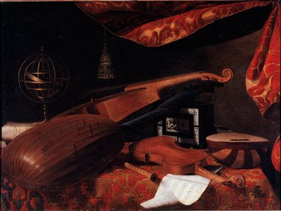 Csendélet hangszerekkel (hegedű, lant, spinette és armilláris gömb) - Bartolomeo Bettera (1639-1722) festménye, 1660 körül Olaj, vászon Méret: 70,5x94,7 cm - Bergamo, Accademia Carrara alkotó: Bartolommeo Bettera