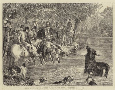 Szarvasvadászat Surreyben, a szarvasok szedése, Shackleford Pond alkotó: Basil Bradley