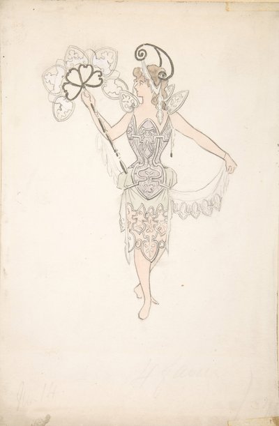 Jelmeztervezés legyezős hölgynek, 1890-99. alkotó: Basil Crage