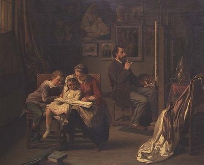 A művész a gyerekeivel a műtermében alkotó: Basile de Loose