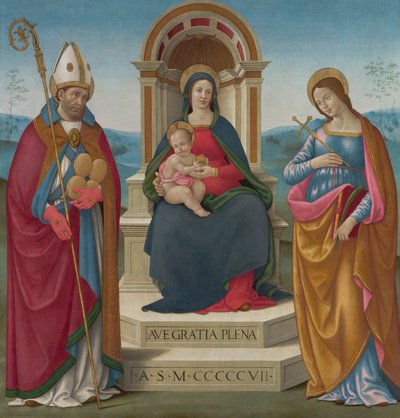 Madonna és gyermeke Volterrai Szent Justusszal és Antiochiai Szent Margittal alkotó: Bastiano Mainardi