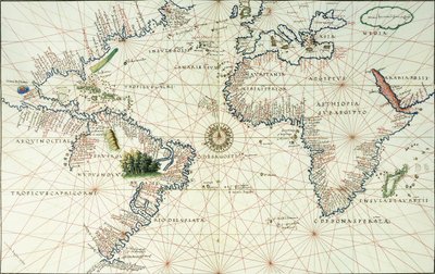 Az Atlanti-óceán kétoldalas térképe, amely Észak- és Dél-Amerika keleti partját mutatja, 1544 alkotó: Battista Agnese