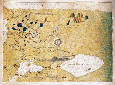 Moschoviae Tabula, Oroszország és a Volga menti európai városok térképe alkotó: Battista Agnese