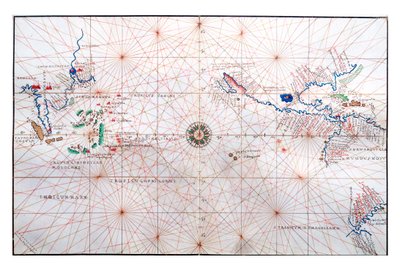 Navigációs térkép, amely Kínát, Ceylont és a Fülöp-szigeteket, valamint a rák és a Bak trópusait mutatja, 1540 körül alkotó: Battista Agnese
