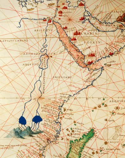 Az Indiai-óceán, valamint Ázsia és Afrika egy része: a Nílus folyása, a Világ Atlaszából harminchárom térképen, Battista Agnese alkotó: Battista Agnese