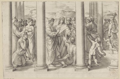 Szent Péter és János egy sánta embert gyógyít meg a templomban alkotó: Battista Franco