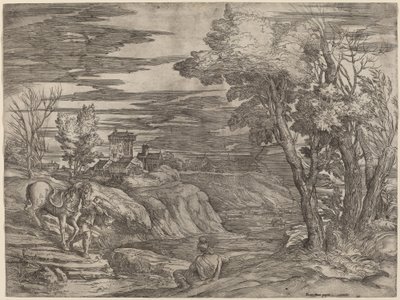 Táj egy lovat vezető férfival alkotó: Battista Franco after Titian