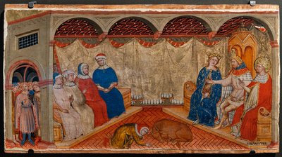Szent Szilveszter vitája a római rabbikkal Konstantin és Heléna jelenlétében (tempera a panelen) alkotó: Battista da Vicenza
