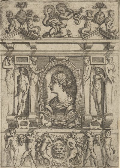 Balra néző női mellszobor, kidolgozott keretben, n... figurákkal, kb. 1540-80. alkotó: Battista del Moro
