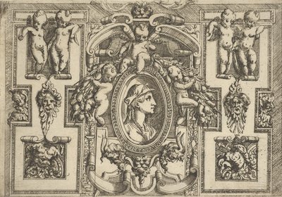 Egy nő mellszobra jobbra nézve, kidolgozott keretben puttóval, ..., kb. 1540-80. alkotó: Battista del Moro