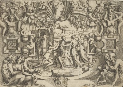 Négy nő körülvesz egy ülő alakot, felettük egy madár, egy kidolgozott ..., kb. 1540-80. alkotó: Battista del Moro