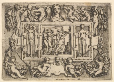 A kümeai szibilla jobbra sétál és egy tálcát cipel, majd három nő..., kb. 1540-80. alkotó: Battista del Moro