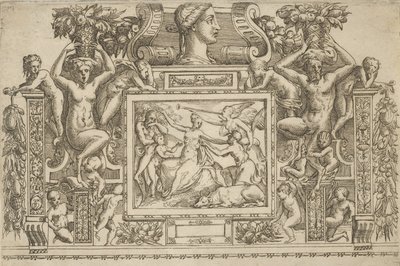 Kinyújtott karral ülő nő, a Hírnév megszemélyesítése trombitával a jobb oldalon,..., kb. 1540-80. alkotó: Battista del Moro