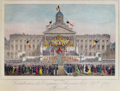 Díszzászló-osztás Brüsszelben 1832. szeptember 27-én (színes metszet) alkotó: Belgian School