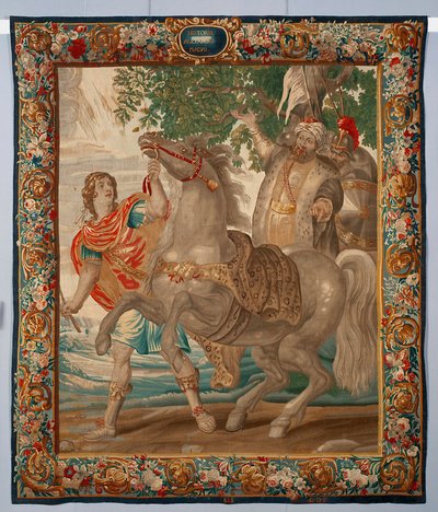 Nagy Sándor király megszelídíti Bucephale lovát. A brüsszeli manufaktúrában készült gobelin. 16. század Genezis, Musei di Strada Nuova alkotó: Belgian School
