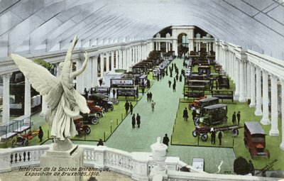 Gépjárműveket ábrázoló képeslap a brüsszeli Exposition Universelle brit részlegében 1910-ben alkotó: Belgian School