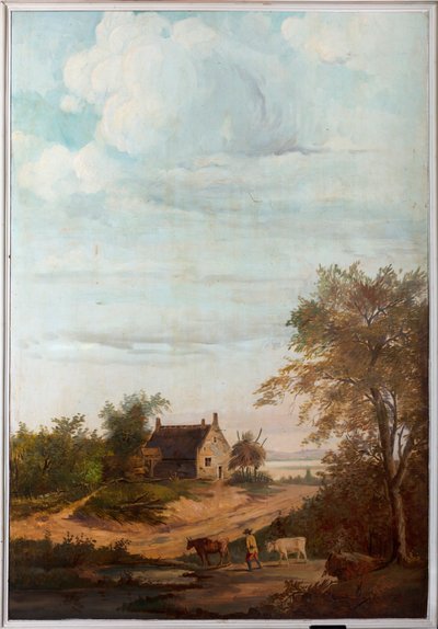 Hátul a második hátsó szoba, tárgyaló, falfestmények klasszikus stílusú vidéki jelenetekkel, valószínűleg 1810 körül, 7. jelenet alkotó: Belgian School