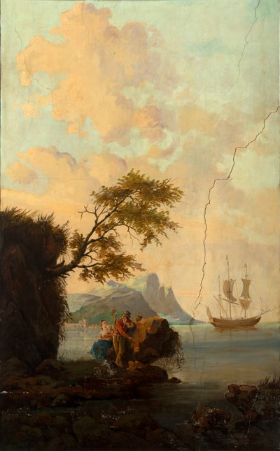 Hátul a második hátsó szoba, tárgyaló, falfestmények klasszikus stílusú vidéki jelenetekkel, valószínűleg 1810 körül, 5. jelenet alkotó: Belgian School