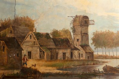 Hátul a második hátsó szoba, tárgyaló, falfestmények klasszikus stílusú vidéki jelenetekkel, valószínűleg 1810 körül, 3. jelenet alkotó: Belgian School