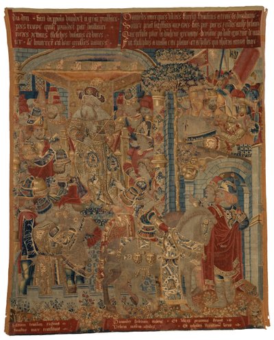 Tapestry, Three Scenes from the Trojan War, or Ulysses and Diomedes as Ambassadors at the Court of King Priam, Claiming the Return of Helen, made in Tournai alkotó: Belgian School