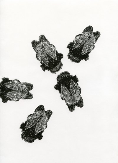 Darázstalálkozó, 2013 (fametszet papírra) alkotó: Bella Larsson