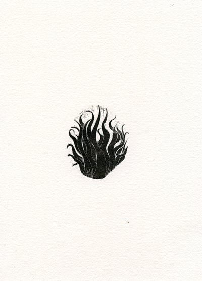 Tűz, 2017, (fametszet papíron) alkotó: Bella Larsson