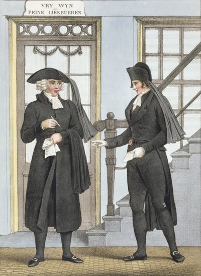 Amszterdam temetkezési tisztviselői, illusztráció a „Hollandia Királyság északi tartományainak jelmezgyűjteményéből...”, Villeneuve, 1828. alkotó: Bendrik Greeven