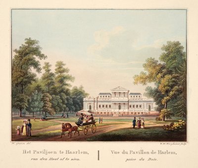 A jaarlemi pavilon van den Houtból nézve. Vue du Pavillon de Harlem, Prize du Bois, 1825 (kézzel színezett metszet) alkotó: Bendrik Greeven