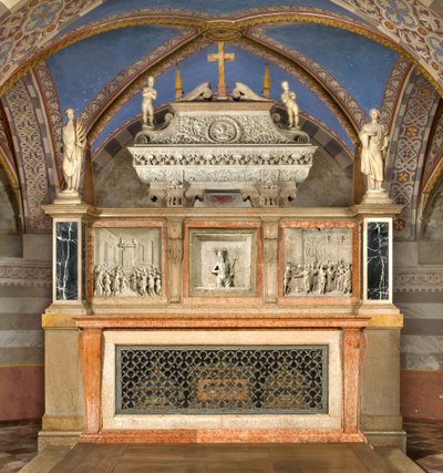 Kripta, főoltár a Szentek bárkájával, Marcellino és Péter Ördögűző, Előadó: Benedetto Briosco 1506-08, újrakomponálta: Matteo Galletti 1609 alkotó: Benedetto Briosco