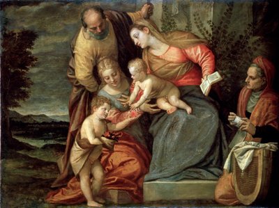 A Szent Család szentekkel Katalinnal, Annával és Keresztelő Jánossal, c1580-c1582 alkotó: Benedetto Caliari