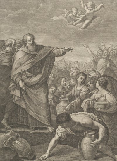 Mózes balra az izraelitákkal, akik az égből hulló mannát gyűjtik, két angyal ab..., 1776 alkotó: Benedetto Eredi