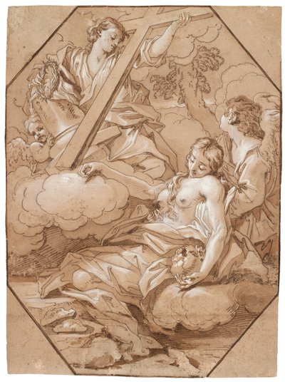 Szent Mária Magdolna eksztázise, 1715-1719 körül (toll és tinta barna mosással, fehérrel kiemelve, nyolcszögletű keretvonalakkal barna tintával fektetett papíron) alkotó: Benedetto Luti