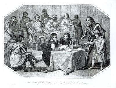 Pembroke grófja bemutatja III. Henriket (1207-72) a báróknak, 1216-ban, Saunders által metszett alkotó: Benezach