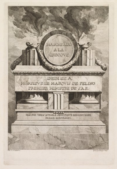 Görög maszkabál: Dedikációs lap, 1771. alkotó: Benigno Bossi