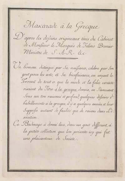 Görög maszkabál: Címlap 1. tábla, 1771. alkotó: Benigno Bossi