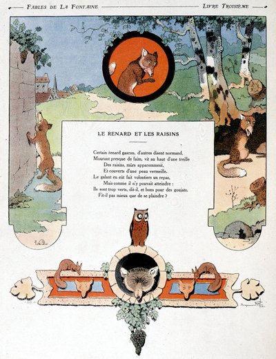 A róka és a szőlő, illusztráció Jean de la Fontaine „Fables” című művéből alkotó: Benjamin (after) Rabier