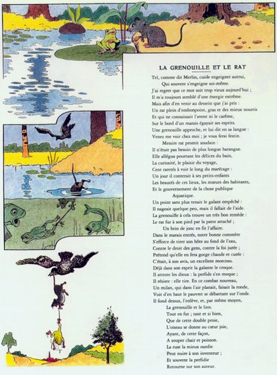 A béka és a patkány, illusztráció Jean de la Fontaine „Fables” című művéből alkotó: Benjamin (after) Rabier
