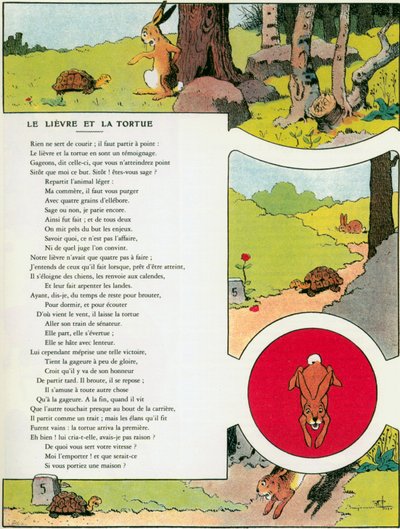 A nyúl és a teknős, illusztráció Jean de la Fontaine „Fables” című művéből alkotó: Benjamin (after) Rabier