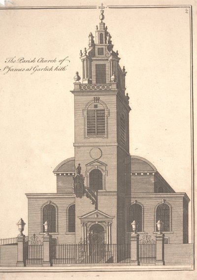 Garlickhythe Szent Jakab plébániatemplom, 1750 körül (metszet) alkotó: Benjamin Cole