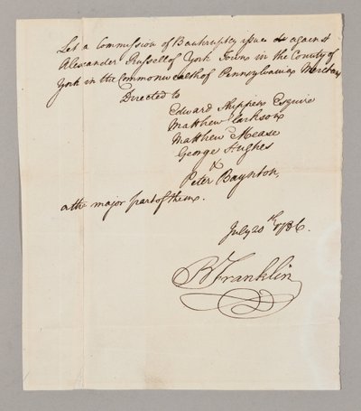 Csődbizottság, 1786. július 20. (toll és tinta papíron) (lásd még: 2561291-93) alkotó: Benjamin Franklin