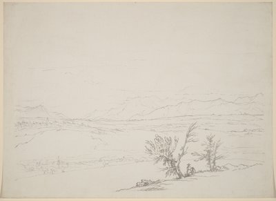 Alpesi táj, egy pár ül a fák mellett, kilátással a völgyre alkotó: Benjamin West